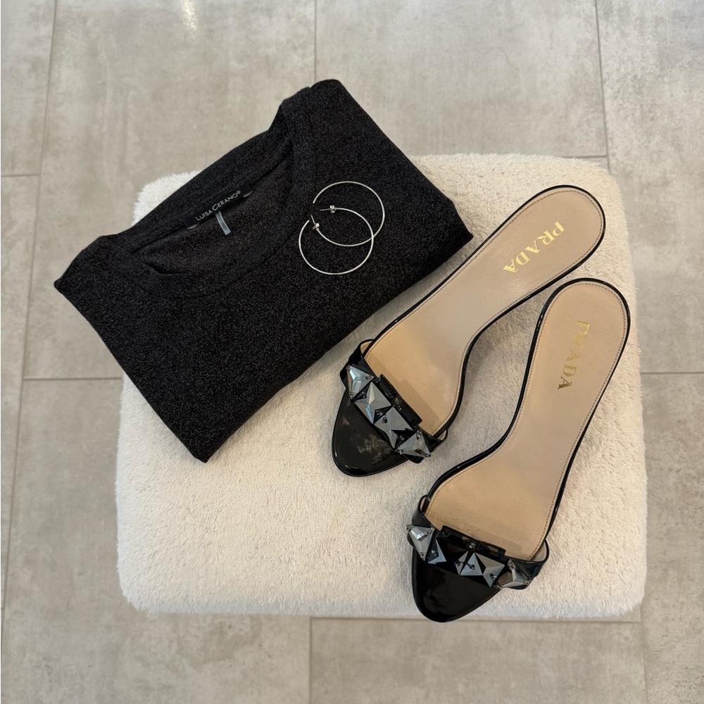 Prada - Backless Mid-heel Sandal - Black Patent - Size 8 - Made in Italy